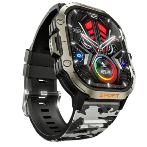 Front view of the Ronin R-13 Rugged Smart Watch, showing its reinforced black casing, textured strap, and a display with GPS navigation data.