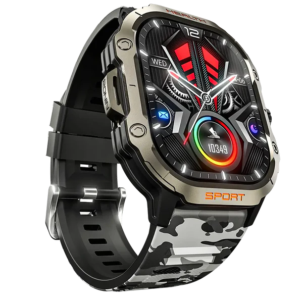8_d5321727-5684-4520-8612-e7bbac3fe89c Front view of the Ronin R-13 Rugged Smart Watch, showing its reinforced black casing, textured strap, and a display with GPS navigation data.
