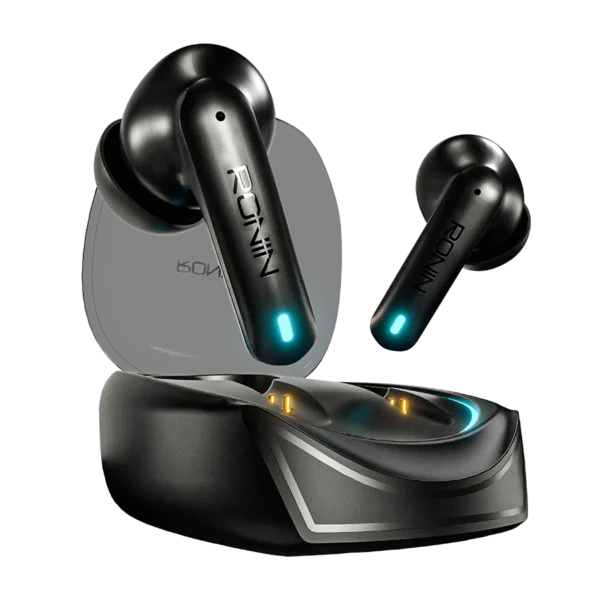 Ronin R-520 Dynasty True Wireless Earbuds and their charging case, highlighting the powerful, classic design and focus on battery endurance