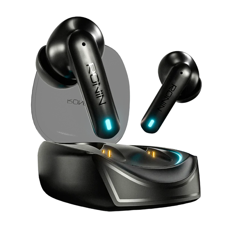 Ronin R-520 Dynasty True Wireless Earbuds and their charging case, highlighting the powerful, classic design and focus on battery endurance