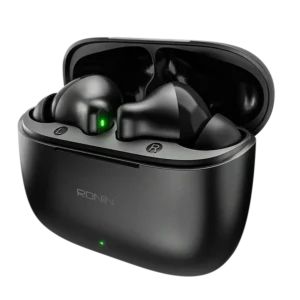 Ronin R-740 Vivid True Wireless Earbuds and their charging case, shown in a bright color, emphasizing the modern and colorful design.