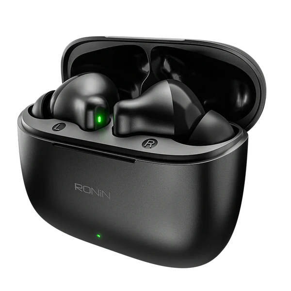 Ronin-R740-Vivid-Earbuds-Blue-Clear-Audio.jpg Ronin R-740 Vivid True Wireless Earbuds and their charging case, shown in a bright color, emphasizing the modern and colorful design.