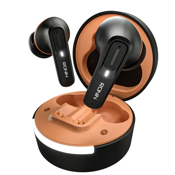 Ronin Mellow Earbuds R-7100, showing their sleek design and compact charging case, emphasizing the comfortable shape.