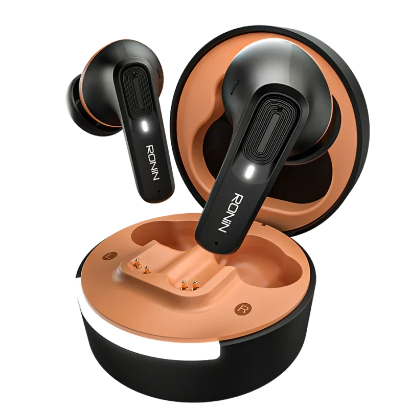 Ronin Mellow Earbuds R-7100, showing their sleek design and compact charging case, emphasizing the comfortable shape.