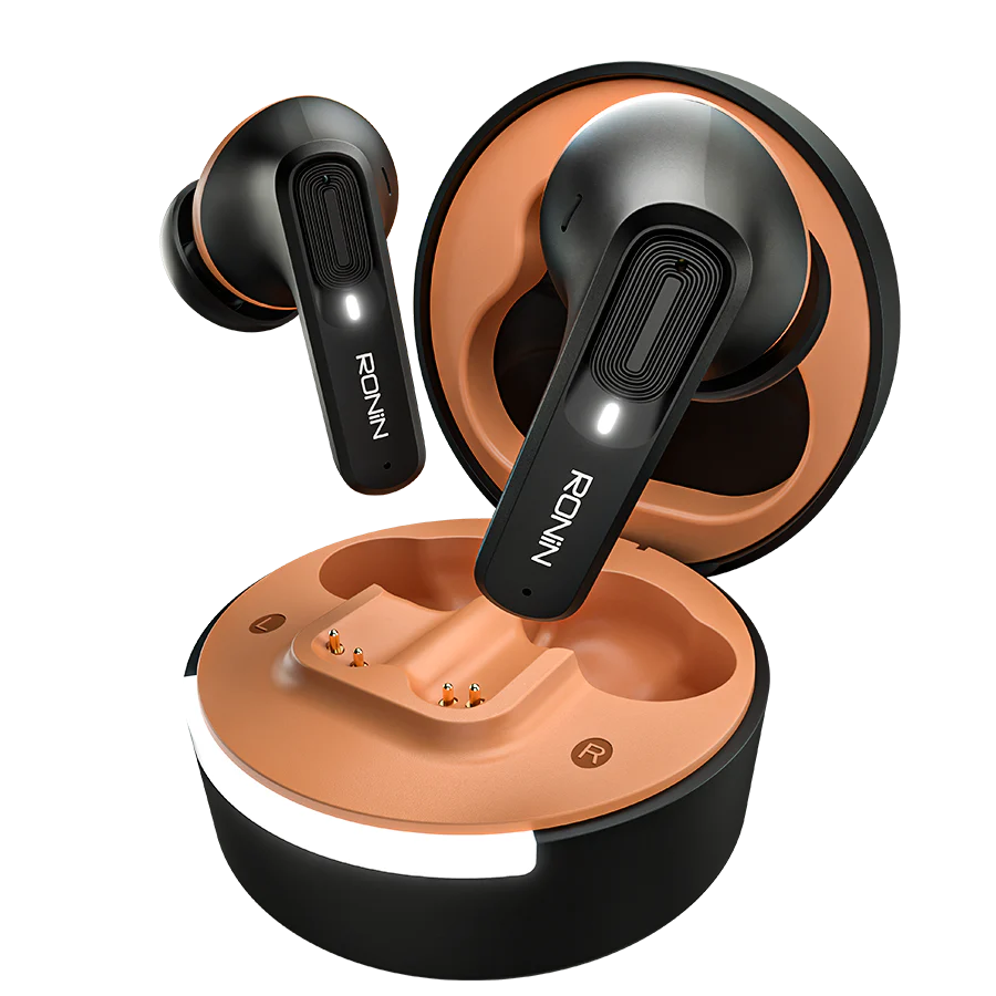 Ronin-Mellow-Earbuds-R7100-Comfort-Fit-White.jpg Ronin Mellow Earbuds R-7100, showing their sleek design and compact charging case, emphasizing the comfortable shape.