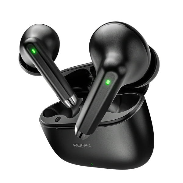 Ronin R-740 Vivid True Wireless Earbuds and their charging case, shown in a bright color, emphasizing the modern and colorful design.