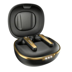 Ronin R-7065 Eclipse True Wireless Earbuds and their dark, sleek charging case, highlighting the compact and premium design.