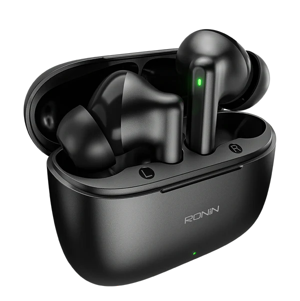 Ronin-R740-Vivid-Earbuds-Blue-Clear-Audio.jpg Ronin R-740 Vivid True Wireless Earbuds and their charging case, shown in a bright color, emphasizing the modern and colorful design.