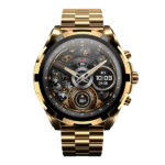 Front view of the newest Ronin R-14 Luxe Smart Watch, featuring a silver premium stainless steel casing and a high-grade strap, with the new high-resolution interface displayed.