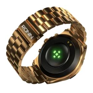 Front view of the newest Ronin R-14 Luxe Smart Watch, featuring a silver premium stainless steel casing and a high-grade strap, with the new high-resolution interface displayed.