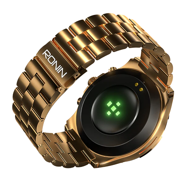Ronin-R14-Luxe-Smart-Watch-Premium-Stainless-Steel-New.jpg Front view of the newest Ronin R-14 Luxe Smart Watch, featuring a silver premium stainless steel casing and a high-grade strap, with the new high-resolution interface displayed.