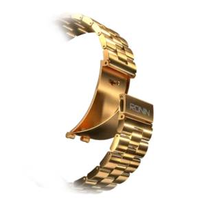 Front view of the newest Ronin R-14 Luxe Smart Watch, featuring a silver premium stainless steel casing and a high-grade strap, with the new high-resolution interface displayed.