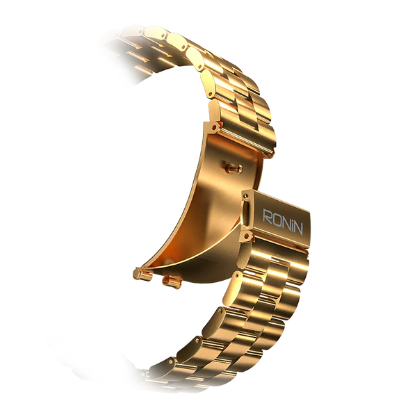 Ronin-R14-Luxe-Smart-Watch-Premium-Stainless-Steel-New.jpg Front view of the newest Ronin R-14 Luxe Smart Watch, featuring a silver premium stainless steel casing and a high-grade strap, with the new high-resolution interface displayed.