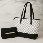 Collection of large, high-quality Louis Vuitton style tote bags with matching clutch wallets, featuring various Monogram and Damier check patterns in brown, black, and white.