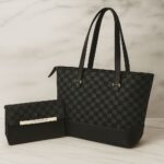 Collection of large, high-quality Louis Vuitton style tote bags with matching clutch wallets, featuring various Monogram and Damier check patterns in brown, black, and white.