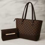 Collection of large, high-quality Louis Vuitton style tote bags with matching clutch wallets, featuring various Monogram and Damier check patterns in brown, black, and white.