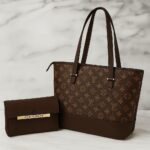 Collection of large, high-quality Louis Vuitton style tote bags with matching clutch wallets, featuring various Monogram and Damier check patterns in brown, black, and white.