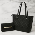 Collection of large, high-quality Louis Vuitton style tote bags with matching clutch wallets, featuring various Monogram and Damier check patterns in brown, black, and white.