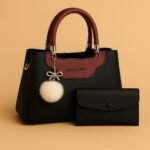 Jing & Pin 2pcs synthetic leather handbag set with pompom keychain