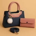 Jing & Pin 2pcs synthetic leather handbag set with pompom keychain