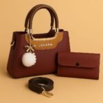 Jing & Pin 2pcs synthetic leather handbag set with pompom keychain