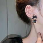 Black Bow Crystal Drop Earrings - Image 4
