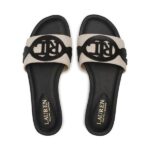 A pair of casual, wide-strap slides, inspired by Ralph Lauren, shown in either black or brown on a clean background.