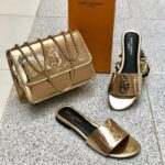 A set of YSL Saint Laurent-inspired flat slippers and a small crossbody bag with a half-chain shoulder strap, shown in one of the three available colors.