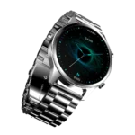 Front view of the Ronin R-10 Luxe Smart Watch, featuring a silver premium stainless steel casing and a high-grade strap, with the new interface displayed.