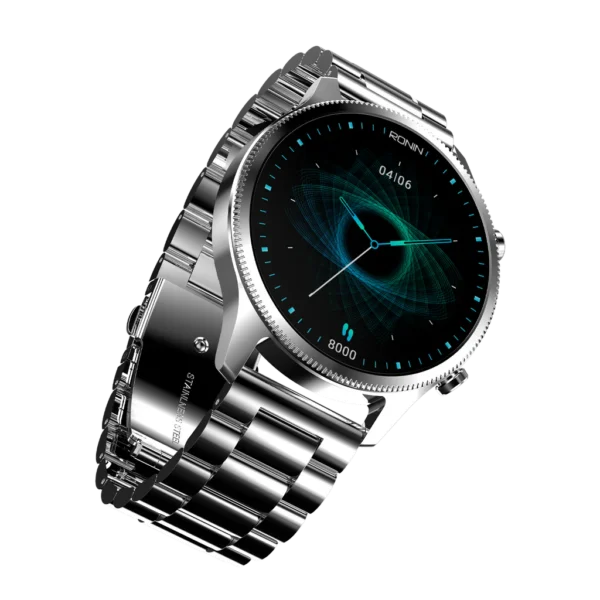 Front view of the Ronin R-10 Luxe Smart Watch, featuring a silver premium stainless steel casing and a high-grade strap, with the new interface displayed.