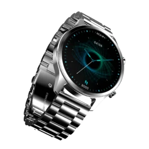 Front view of the Ronin R-10 Luxe Smart Watch, featuring a silver premium stainless steel casing and a high-grade strap, with the new interface displayed.