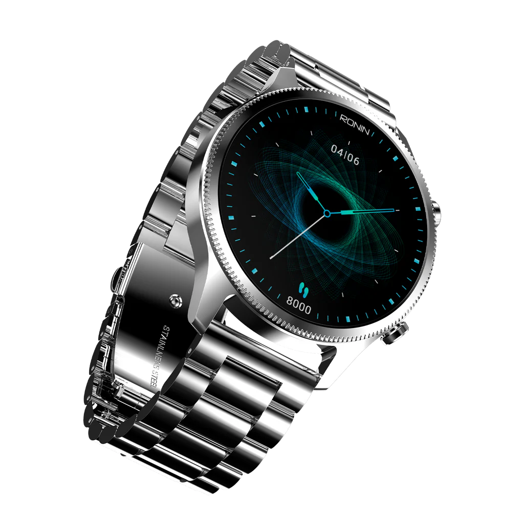 Ronin-R10-Luxe-Smart-Watch-Premium-Stainless-Steel.jpg Front view of the Ronin R-10 Luxe Smart Watch, featuring a silver premium stainless steel casing and a high-grade strap, with the new interface displayed.