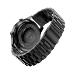 Front view of the Ronin R-10 Luxe Smart Watch, featuring a silver premium stainless steel casing and a high-grade strap, with the new interface displayed.