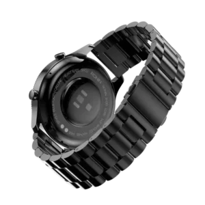 Front view of the Ronin R-10 Luxe Smart Watch, featuring a silver premium stainless steel casing and a high-grade strap, with the new interface displayed.