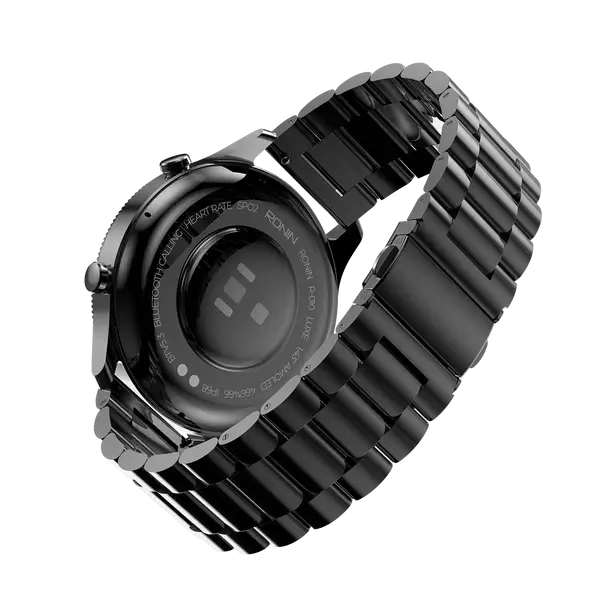 R-010UltraSmartWatchLuxe_black-1 Front view of the Ronin R-10 Luxe Smart Watch, featuring a silver premium stainless steel casing and a high-grade strap, with the new interface displayed.