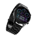 Front view of the Ronin R-10 Luxe Smart Watch, featuring a silver premium stainless steel casing and a high-grade strap, with the new interface displayed.