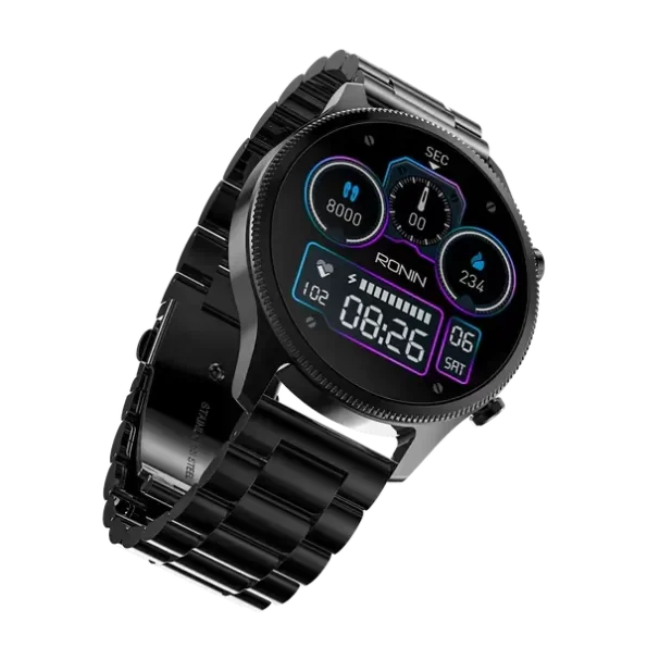 Front view of the Ronin R-10 Luxe Smart Watch, featuring a silver premium stainless steel casing and a high-grade strap, with the new interface displayed.