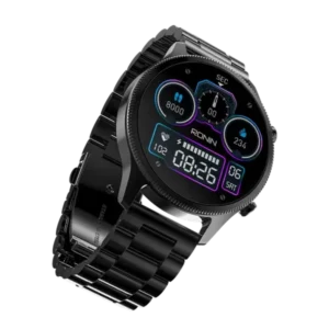 Front view of the Ronin R-10 Luxe Smart Watch, featuring a silver premium stainless steel casing and a high-grade strap, with the new interface displayed.