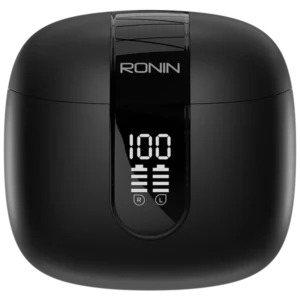 Ronin R-190 Mashion True Wireless Earbuds and their sleek, compact charging case, highlighting the minimalist, modern design.
