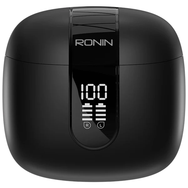 R-190_Earbuds_Black_5 Ronin R-190 Mashion True Wireless Earbuds and their sleek, compact charging case, highlighting the minimalist, modern design.