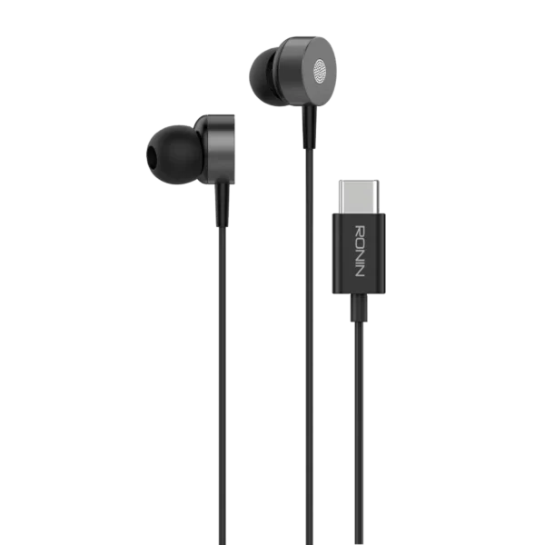Ronin R-27 STREAM Wired Handsfree Earphones with USB Type-C connector, featuring a sleek design and optimized for digital audio streaming.