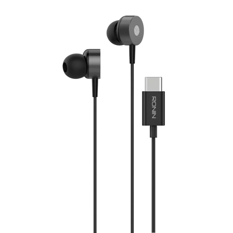 Ronin R-27 STREAM Wired Handsfree Earphones with USB Type-C connector, featuring a sleek design and optimized for digital audio streaming.