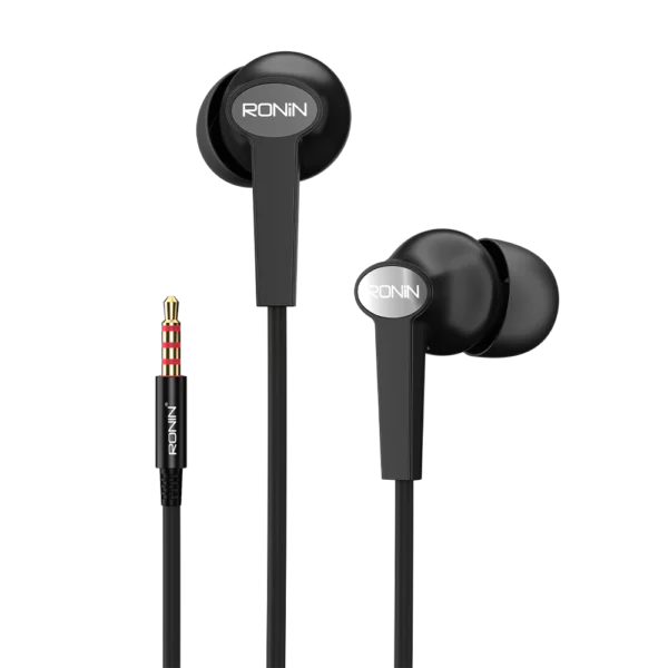 Ronin R-29 STELLAR Wired Handsfree Earphones with 3.5mm AUX jack, showcasing the distinguished design and in-line microphone.
