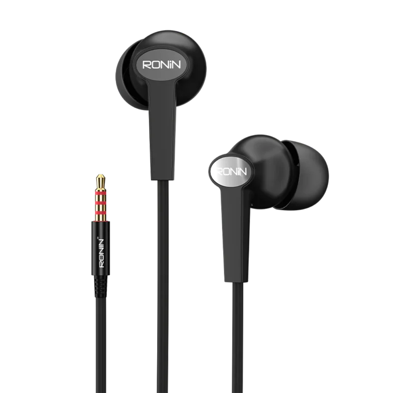 Ronin R-29 STELLAR Wired Handsfree Earphones with 3.5mm AUX jack, showcasing the distinguished design and in-line microphone.