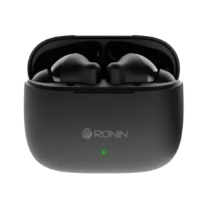 Ronin R-740 Vivid True Wireless Earbuds and their charging case, shown in a bright color, emphasizing the modern and colorful design.