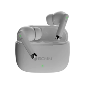 Ronin R-740 Vivid True Wireless Earbuds and their charging case, shown in a bright color, emphasizing the modern and colorful design.