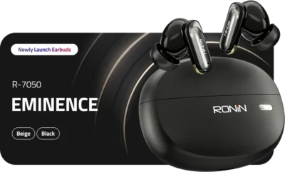 Ronin R-7050 Eminence True Wireless Earbuds and their sleek, premium charging case, highlighting the elegant and compact design.