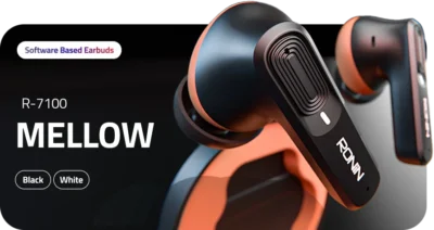 Ronin Mellow Earbuds R-7100, showing their sleek design and compact charging case, emphasizing the comfortable shape.