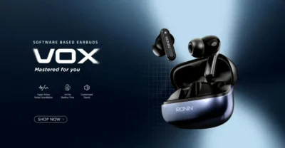 Ronin Vox True Wireless Earbuds and their charging case, emphasizing the built-in microphone for clear calling.