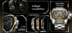 Front view of the newest Ronin R-14 Luxe Smart Watch, featuring a silver premium stainless steel casing and a high-grade strap, with the new high-resolution interface displayed.